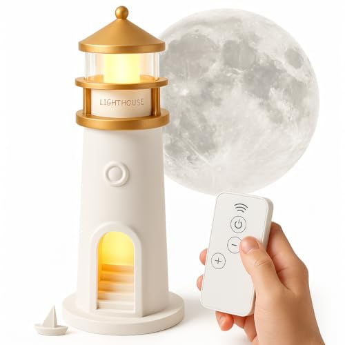 Lighthouse Moon Night Light & Galaxy Projector – Rechargeable Calming LED Bedside Lamp with Remote Control, 4‑Level Dimmable Glow, Auto‑Off Timer, Portable Kids Sleep Aid, Magical Nursery Bedroom Gift