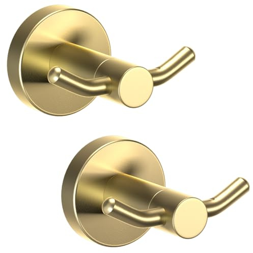 Yundoza Towel Hooks for Bathroom, Screw in Stainless Steel Door Hooks for Hanging Coat Robe Keys (Brushed Gold, 2 Pack)