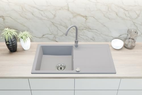 Faizee Home | Granit Einbauspüle 90x50 cm – Spülbecken mit Abtropffläche | Küchenspüle inkl. Armatur & Siphon-Set | Kratzfest & hitzebeständig für 45 cm Unterschränke (Genial, Grau)