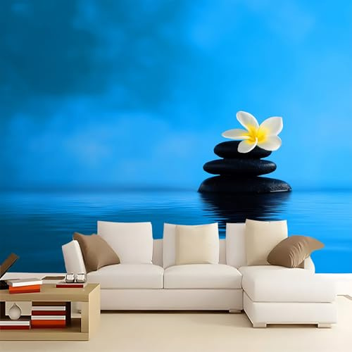 Genérico Fotomurales Decorativos Pared Minimalismo Piedra Flores Frangipani, Azul Fotomural Decorativo para el Hogar 350 x 256 cm (An x Al) – Ldeal para Salón Dormitorio Oficina y Pared de TV