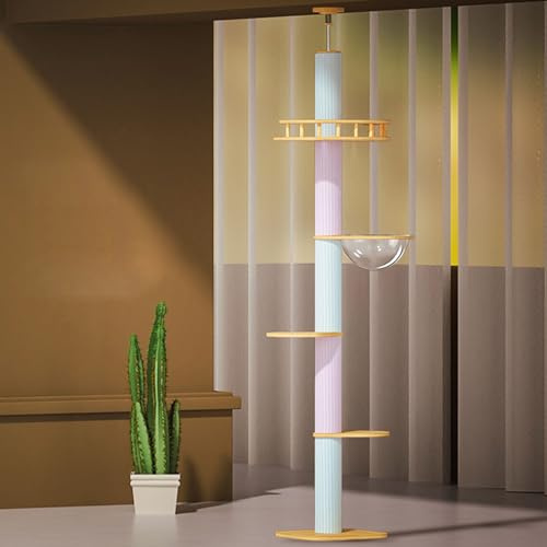 Torre de árbol para gatos ajustable de 5 pisos con poste rascador, torre de escalada de madera para gatos, diseño de cápsula espacial, cuerda de sisal natural, soporte de suelo para gatos activos