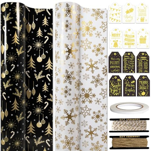 HaloCasa Papier Cadeau de Noël - Set de 2 Rouleaux (43 cm x 10 m) à Motifs Noir, Blanc et Doré Métallisés avec Étiquettes Cadeaux et Ficelle de Jute - pour Calendrier de l'Avent et Emballages Cadeaux