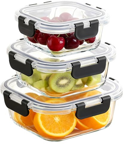 MEETOZ Round Glass Containers with Lids 3 Pack- Airtight Meal Prep, Glass Lunch Box for Fridge Storage, for Soup, Lunch, Salad, Leftovers, BPA Free (Square -3Pack)