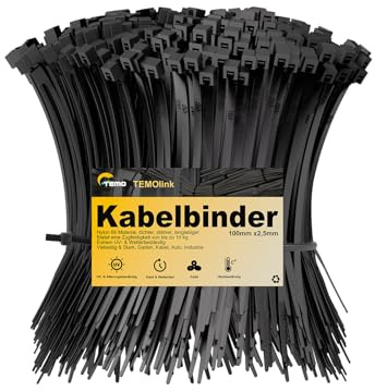 TEMOLink 100 st Kabelbinder Svart, 100 x 2,5 mm, UV-beständiga Kabelbinder, 10 kg draghållfasthet, självsäkra, väderbeständiga för kabelhantering, trädgård, kontor & verkstad