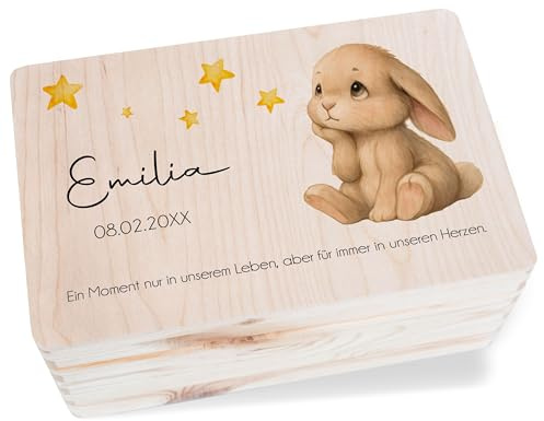 Holzkiste Erinnerungsbox - Trauer - Hase Sternenkind Baby - Erinnerungen Karte - 30x20x14 cm - Holz - trauerbox für trauerkarten box trauergeschenk verstorbene schachtel erinnerungskiste verstorben