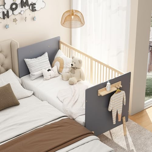 MURUL Massivholz Babybett, 163x80x92cm Verstellbares Kinderbett mit DREI-stufiger Höhenverstellung, Umweltfreundliche Lackierung, Als Anschlussbett/Sofabett nutzbar, Ohne Matratze