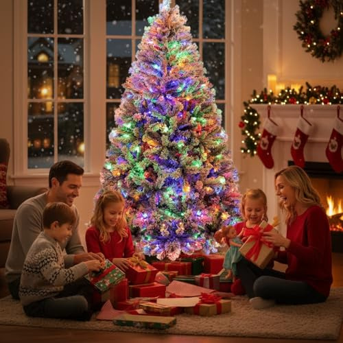 180cm Künstlicher Weihnachtsbaum mit Schneeflocken-Optik, 300 RGB-Beleuchtung, 1000 dichte Zweigspitzen & schneller Klapp-Montage, vollständiger Tannenbaum für Festliche Winterdekoration, Grün & Weiß