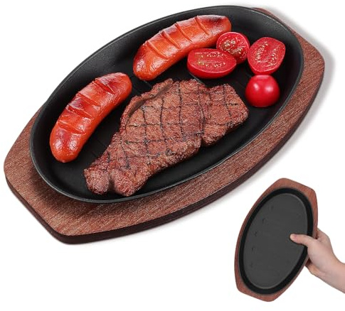 MOBUTOFU Bistecchiera in Ghisa per Induzione con Base in Legno, Piastra per Carne Robusta e Superficie Liscia per Friggere Patatine e Uso in Ristorante