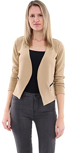 Malito – Dam blazer långärmad – enfärgad jerseyblazer – kort basjacka – sweatblazer med dragkedja – väska – skräddarsydd kavaj 6040 (storlek S-XXL), Beige, XL