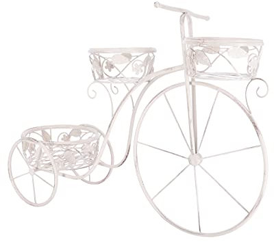 Way Home Store - Bicicletta portafiori 3 vani Decorativa in Ferro nella colorazione Bianco- 3 cestini Porta Fiori Lavorati con Foglie in Ferro - Dimensioni : 76X24x54 cm
