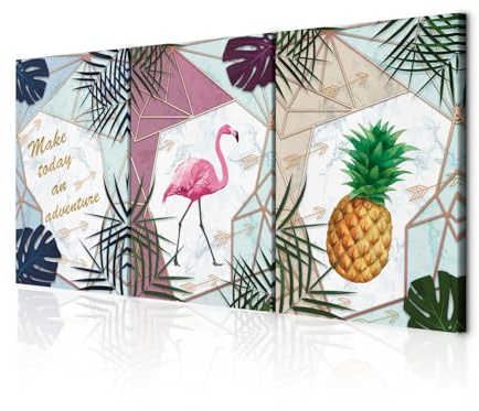 decomonkey Wandbilder Modern Blätter 120x60 cm 3 Teilig Wandbild Groß Büro | Leinwandbild XXL, Deko, Wohnzimmer, Schlafzimmer, Wanddeko, Leinwand, Pictures For Wall, Poster, Ananas, Pineapple, Flamingo