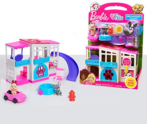 Barbie Pet Dreamhouse 2-Sided Playset, 10-pieces Include Pets and Accessories, Kids Toys for Ages 3 Up, Pink