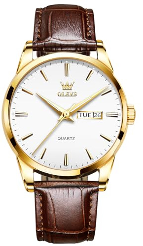 QBAIZI Gold and White Watch for Men Brown Leather Watches Elegant Three Hands Date Day Analog Mens Dress Watch Classic Easy to Read Water Resistant Quartz Men's Wrist Watches Relojes De Hombres