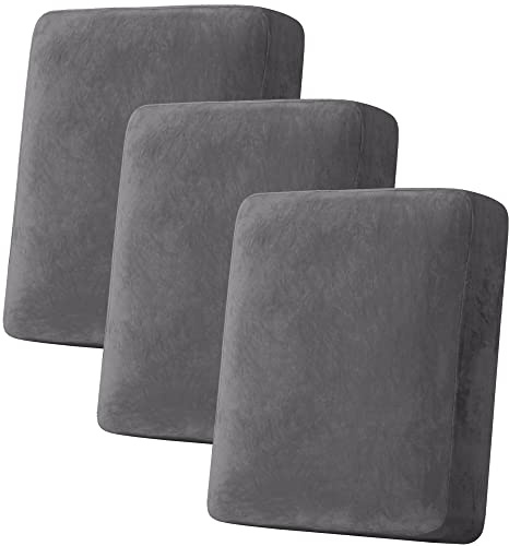 H.VERSAILTEX Velvet Stretch Couch Cushion Cover Plush Cushion Slipcover for Chair Loveseat Sofa Cushion Furniture Protector Seat Cushion Sofa Cover (3 Piece Sofa Cushion Covers, Grey)