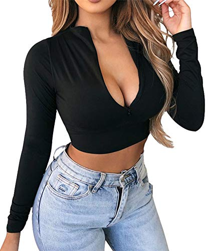 Artfish Women's Long Sleeve Quarter Zip Crop Tops Fleece Lined V Neck Fitted Sexy Cropped Shirts (01#Black, M)