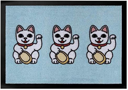 HANSE Home Design Door Mat Dirt Trapper Mat Three Lucky Cats with Lucky Cats Motif for Indoor and Outdoor Use (40 x 60 cm, 100% Polyamide, Non-Slip, Suitable for Underfloor Heating) Pastel Blue