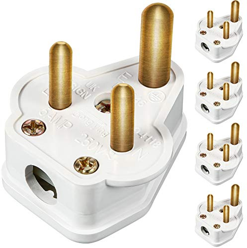 5 Amp Round Pin Mains Plug 3 Pin Lighting Plugs, White, 5 Pieces | Brass Contact Terminals, Mains Power Connector for Lamp Lighting, Suitable for Theatrical Equipment and Stage Setups