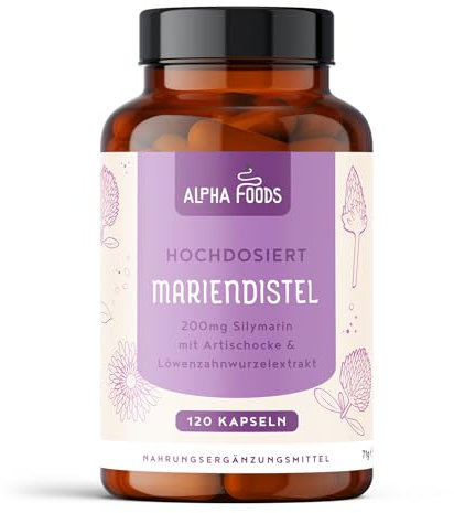 Mariendistel Kapseln hochdosiert | Mariendistel Artischocke & Löwenzahn Komplex | 120 vegane Kapseln | Hochdosiert mit 80% Silymarin | Vorrat für 4 Monate | in Deutschland produziert | Alpha Foods