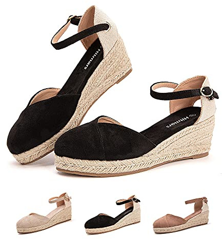 Hitmars Womens Sandals Wedge Espadrilles Ladies Platform Sandals Low Heels Closed Toe Summer Flatform Heeled Shoes Ankle Strap 1 Black 6 UK