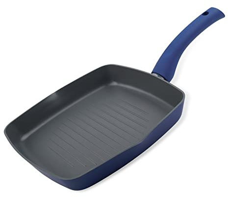Tasty Everyday Grill Pan, Square Griddle Pan with Grooves, Non Stick Grill Pan for Grilling and Cooking with Soft-Touch Handle, Dishwasher Safe Cookware, Dimensions: Ø24cm, Colours: Grey & Blue