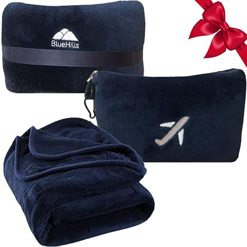 BlueHills Travel Blanket Pillow in Mini Soft Case Premium Plush Airplane Blanket in Soft Bag Compact Pack with Luggage Belt and Backpack Clip - Navy Blue M04
