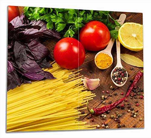 Wallario Herdabdeckplatte/Spritzschutz aus Glas, 2-teilig, 60x52cm, für Ceran- und Induktionsherde, Italienisches Menü mit Spaghetti, Tomaten, Basilikum und Gewürzen