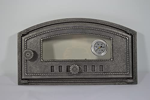 SEZAM Puerta de horno de hierro fundido con termómetro 500 °C, cristal resistente al calor, apertura a la derecha, puerta de pizza – horno de pan, 48,5 x 6,5 x 27,5 cm, semicircular, sin pintura