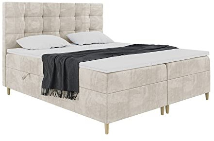 MEBLINI Boxspringbett mit Bettkasten - Gepolstert Doppelbett mit Matratze und Topper - Polsterbett mit Stauraum - Bett mit Kopfteil - Stauraumbett - DICO - 120x200 - H3/Creme Samt