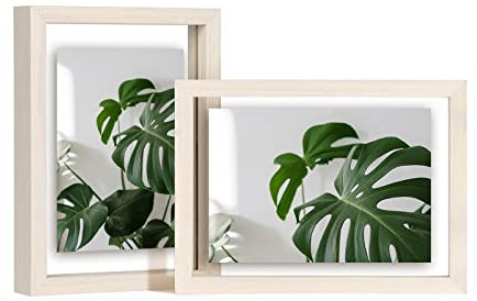 EGOFINE 7x5 Floating Frames Set of 2, Double Acrylic Glass Picture Frame, Made of Solid Wood Display Any Size Photo up to 7x5, Wall Mount or Tabletop Standing, Oka White