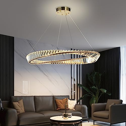 AHXIAOZN Modern Kristall Pendelleuchte,K9 Kristall Deckenleuchte Golden,Rund Kronleuchter Kristall Leuchte mit Verstellbarer Hängekette für Esszimmer, Küche, Wohnzimmer