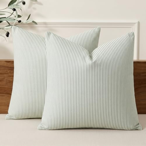 Sage Green Farmhouse Striped Outdoor Throw Pillow Cover 18x18 Set of 2