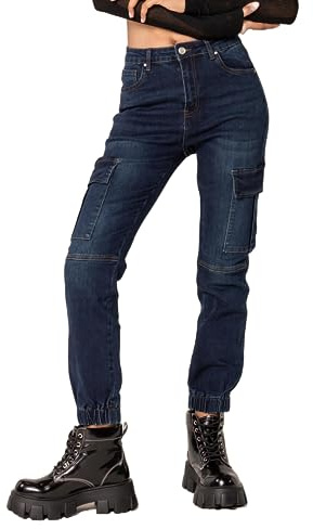 Nina Carter P219 - Jeans cargo da donna a vita alta, vestibilità casual, con fascia elastica per gambe, look consumato, L