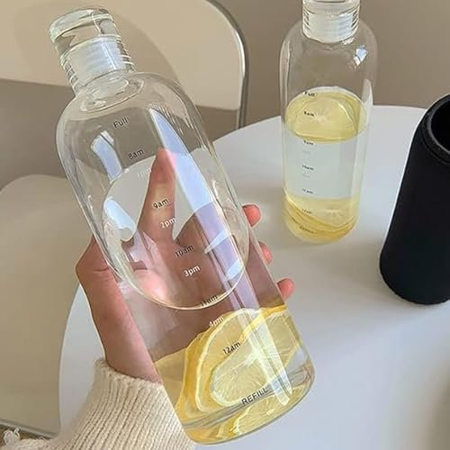1 Litre Glass Water Bottle with Glass Lid | Large-capacity 34oz Desk Bottle With Time Markings | BPA Free Drinkware 1000 ml