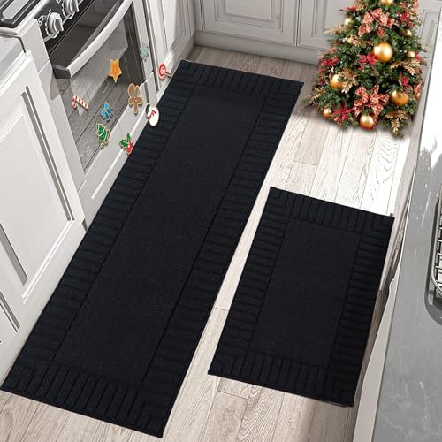 BEQHAUSE Küchenläufer 2 Stück Waschbar Anti-Rutsch Matten (60x89cm+60x152cm, Schwarz)