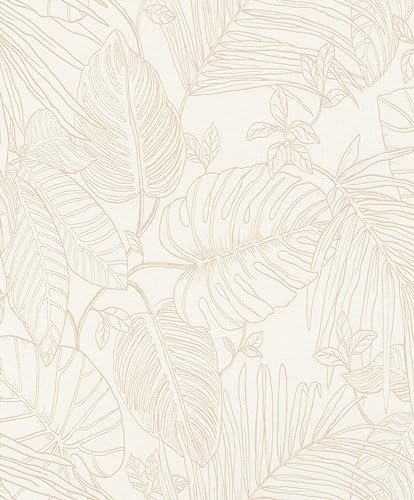 Rasch Carta da parati 690804 – Carta da parati in tessuto non tessuto chiaro con effetto tessile e grandi foglie tropicali in beige, Monstera, collezione Color your life