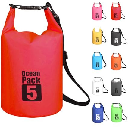 MORAINJAY 5L Wasserdichter Beutel, Rot Dry Bag 2L/5L/10L/15L/20L/25L/30L mit Verstellbarem Gurt, Schützt Telefon/Karte, Roll Top Wasserdichter Beutel Rucksack für Schwimmen/Rafting/Bootfahren