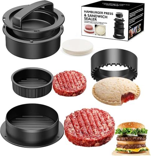 Burgerpresse, Burger Smasher, Patty Presse, 4-in-1 Burgerpresse Patty-Maker Slider, Gefüllte Burger Sandwichschneider, mit 100 Blatt Backpapier, zur Herstellung Köstlicher Burger und Sandwiches