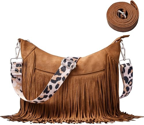 Modacarry Damen-Hobo-Tasche aus Wildlederimitat mit Fransen und langen Trägern mit Leopardenmuster, Braun