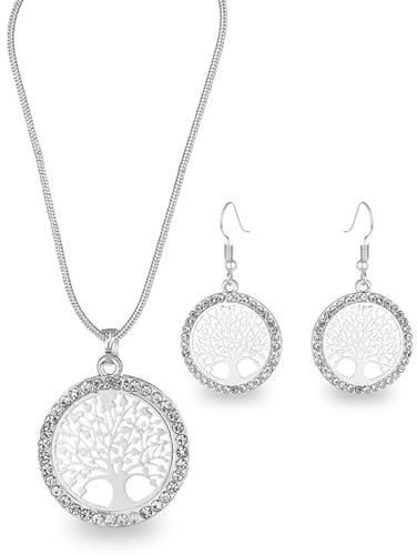 Zeayebsr 1pcs Collier arbre de vie pour femmes en acier inoxydable couleur or Zircon clair pendentif rond Chaînes de cou Arbre de famille ，Avec 1 paire de boucles d'oreilles arbre de vie en argent