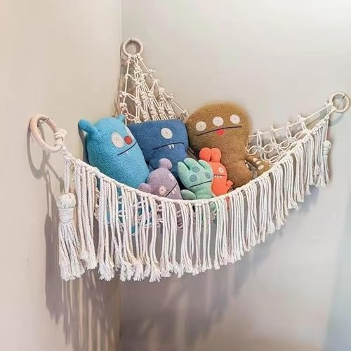 Spielzeug Aufbewahrung Kuscheltier Aufbewahrung Netz Hängematte Stofftier Organizer Kinderzimmer Stofftier Hängematte für Kuscheltiere Teddy Eckspielzeug für Schlafzimmer, Weiss