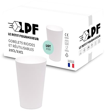 LPF LE PETIT FOURNISSEUR - Lot de 50 Gobelets réutilisables 25cl (33cl à ras-bord) - Polypropylène (PP) alimentaire rigide - Gobelets plastique durables - Compatible lave-vaisselle - Couleur Blanche