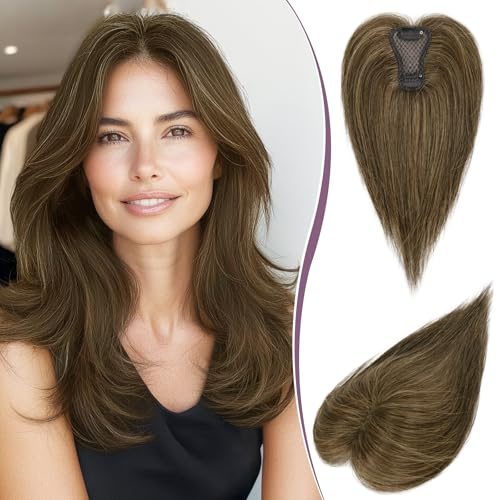 RUWISS Haar Toppers für Frauen Echthaar Topper Leichtes Braun mit Blonden Strähnchen Clip in Haarteil für Dünner Haar Oberkopf Flauschiger Glatter Hair Topper ohne Pony