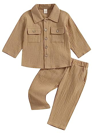XIXIMAON Toddler Boy 2 Pieces Cotton Linen Clothes Set Solid Color Long Sleeve Button Down Shirt Pants Set Summer Fall Outfits Set Baby Shower Clothes (Khaki, 12-18 Months)