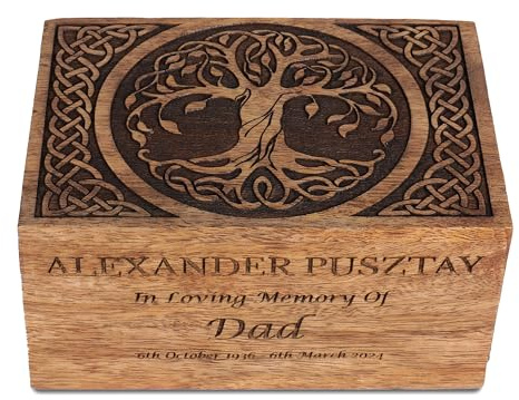 Urnas de cremación de madera personalizadas para cenizas, caja conmemorativa grabada a medida para humanos y mascotas, diseño de árbol de la vida hecho a mano, recuerdo de urna funeraria, mediana (8 x
