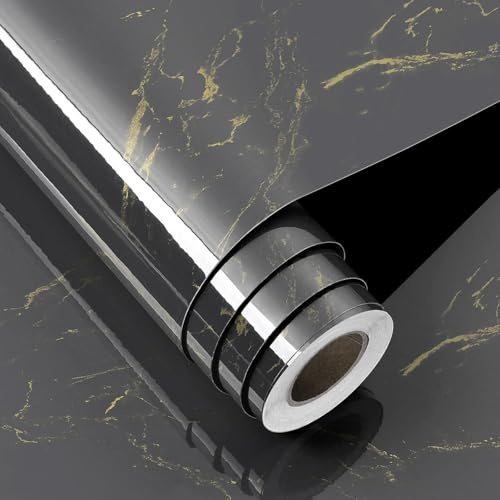 FunStick 90CM×5M Papel Adhesivo Marmol Gris Negro Vinilos Encimera Cocina Vinilo Adhesivo Muebles Marmol Tapiz para Encimera de Cocina Lavable Papel Pintado Mármol Pared Gris y Dorado