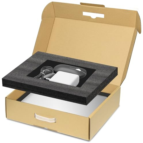 Yutrchey Laptop Shipping Box with Handle, Corrugated Mailer for 17 Inch Notebook Transport, Protective Foam Inserts and Separate Accessory Compartment, Professional Electronics Packaging Box