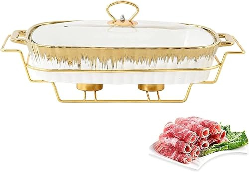 Buffet Chafing Dish Alcohol Stove, Ceramics Chafing Dish Buffet Set With Glass Transparent Lid, Winter Food Warming For Catering Party Wedding, L