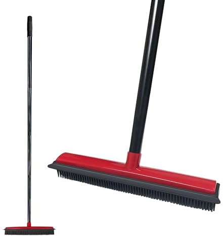 JIUNENG Rubber Broom with Handle, Broom Rubber Bristles Removal of Animals Cats Dogs Hair for Floors for Carpets Tiles Windows and Gardens Red Extended Broom