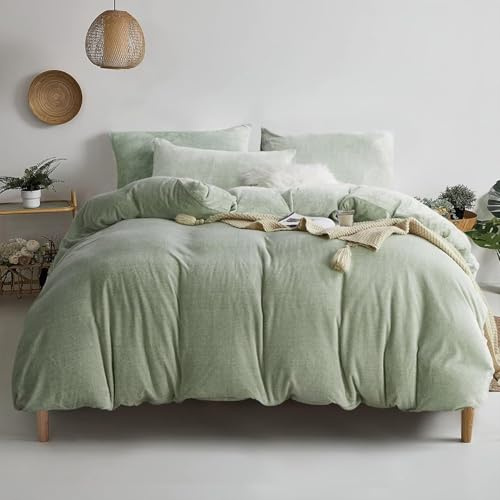 YASMENG Housse de Couette Flanelle 240x260 Hiver Chaude Vert Clair Velours Laitier Parure de Lit Polaire Doux Douillet Duveteux Linge de Lit 2 Personne avec Fermeture Éclair et Taies d'oreiller 65x65
