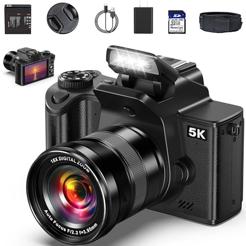 Fotocamere digitali 5K per fotografia, 80 MP, autofocus, fotocamera per YouTube con touch screen da 4 pollici, fotocamera macro UHD One-Touch per fotografi principianti con zoom 18x, copriobiettivo